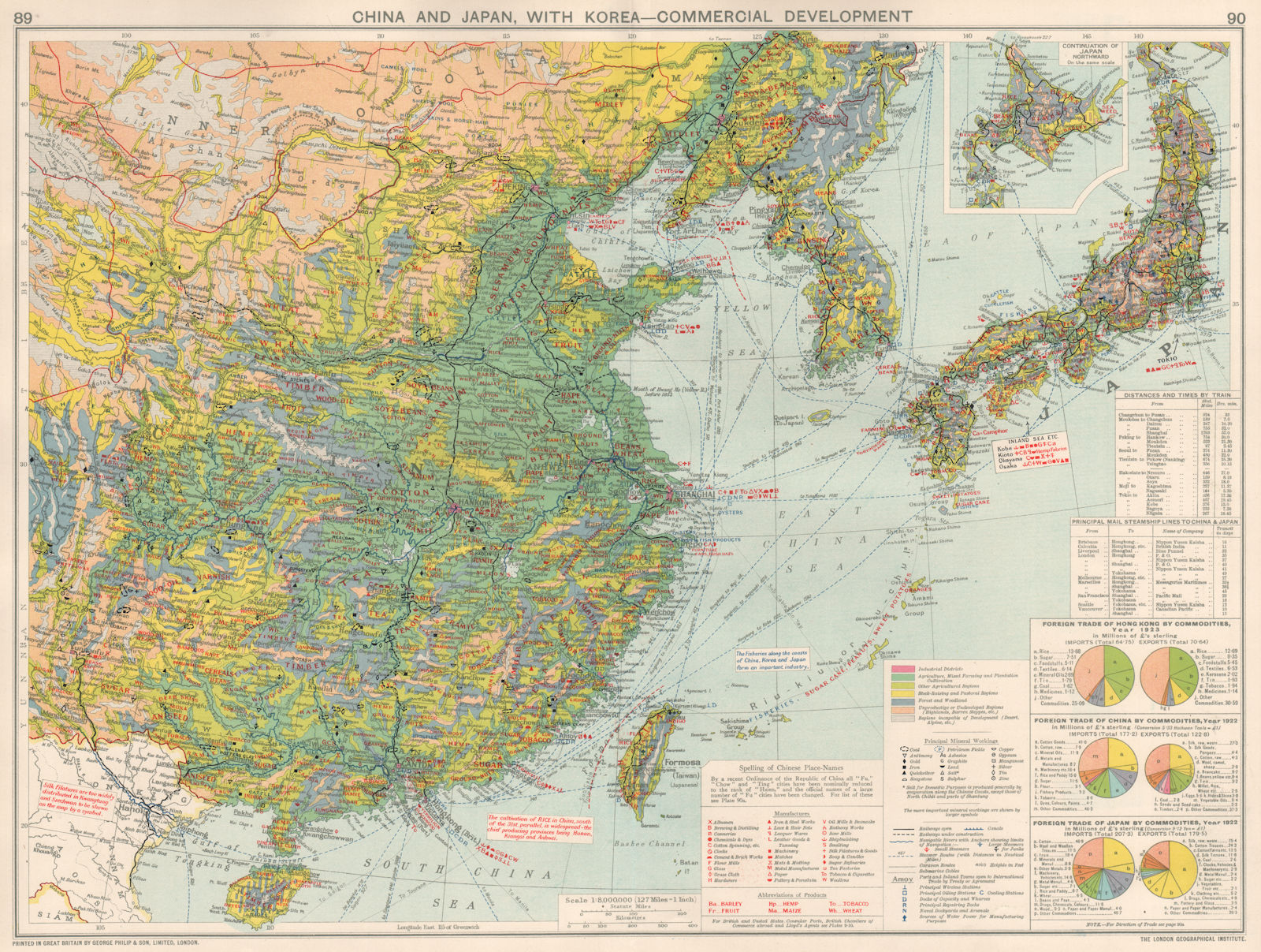 East Asia China Japan Korea. Manufacturing Minerals Mining Agricultural 1925 map